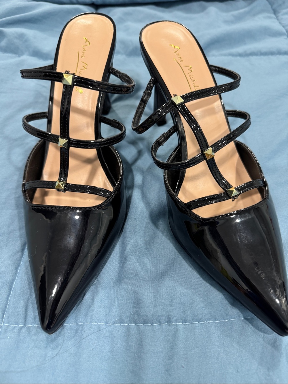 Anne Michelle Black Patent Triple-Strap Pointed Mules with Gold Studs
